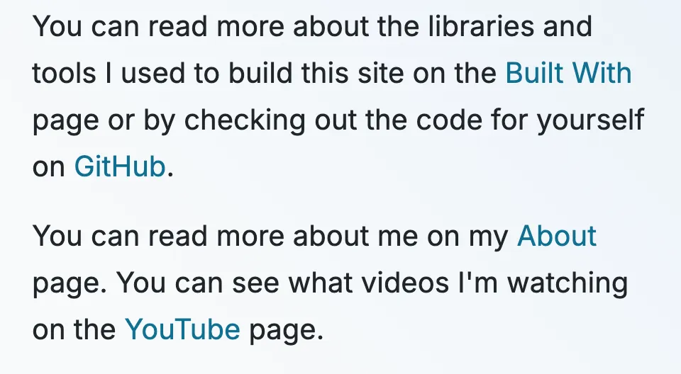 Screenshot of links on the home page before migrating to Tailwind